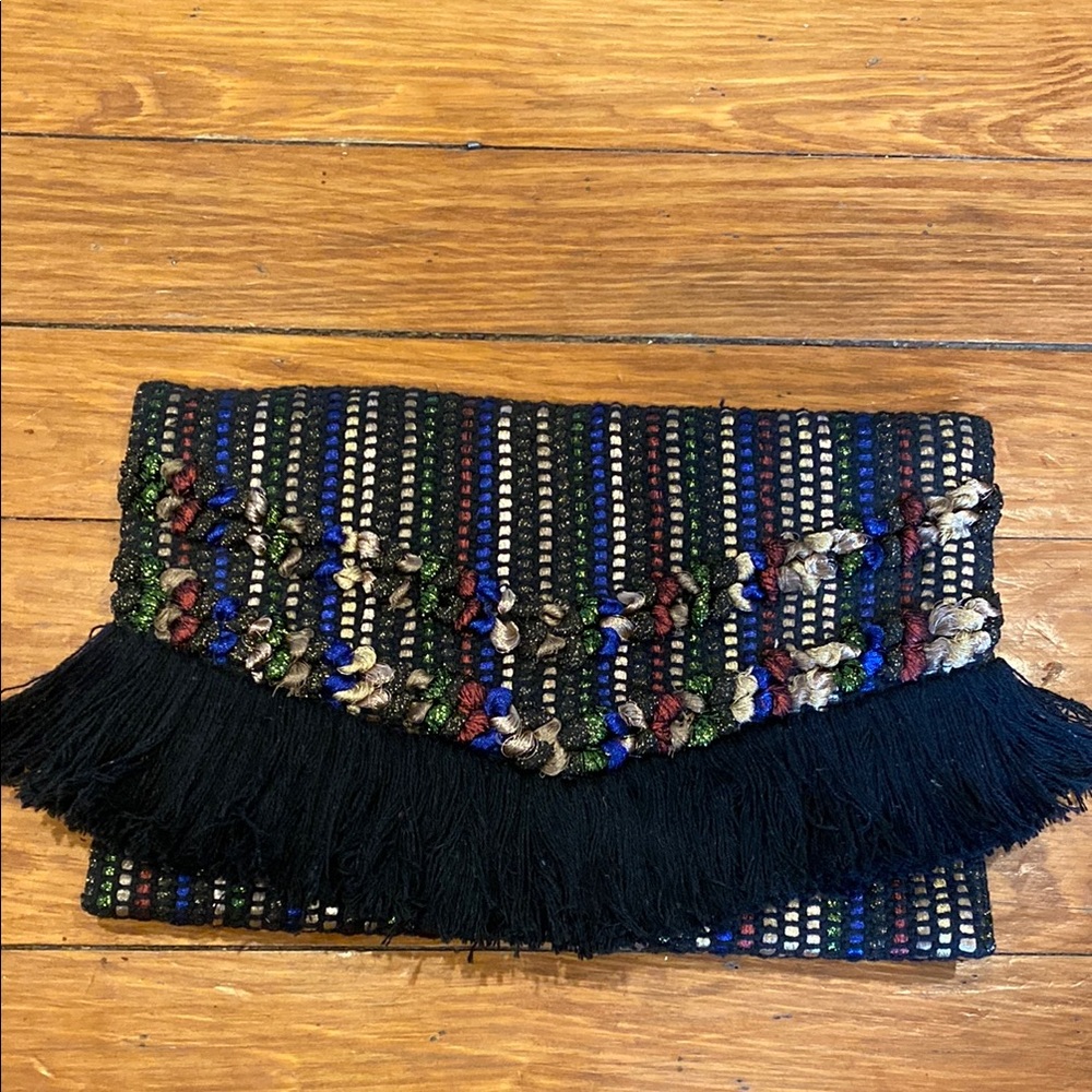 Black and Multicolor Fringe Clutch